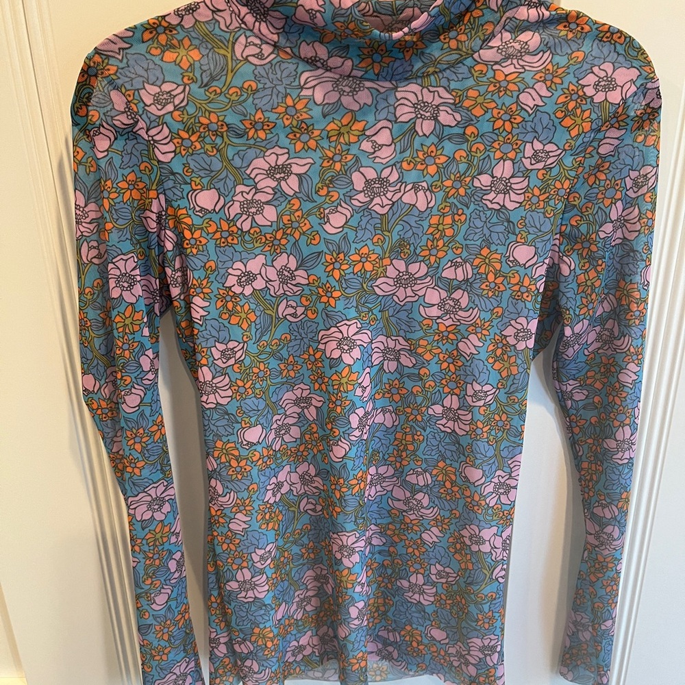 Floral High-Neck Blouse - Blue, Pink, and Orange